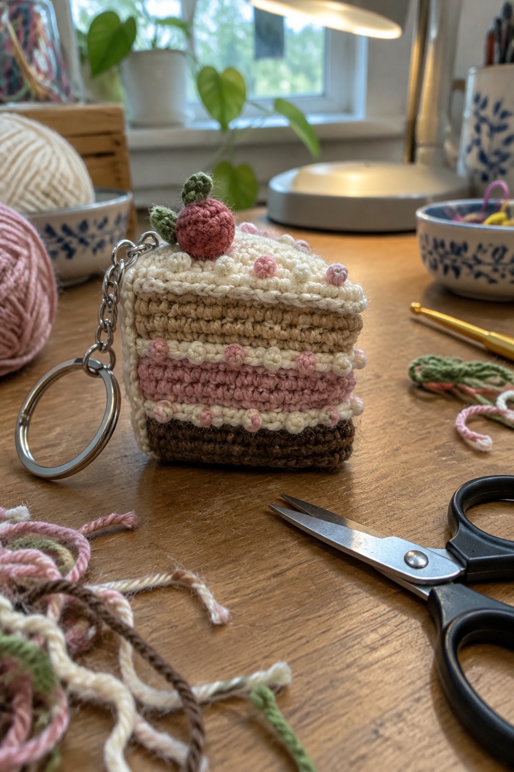 Crocheted cake slice keychain with cherry on wooden table amid craft supplies