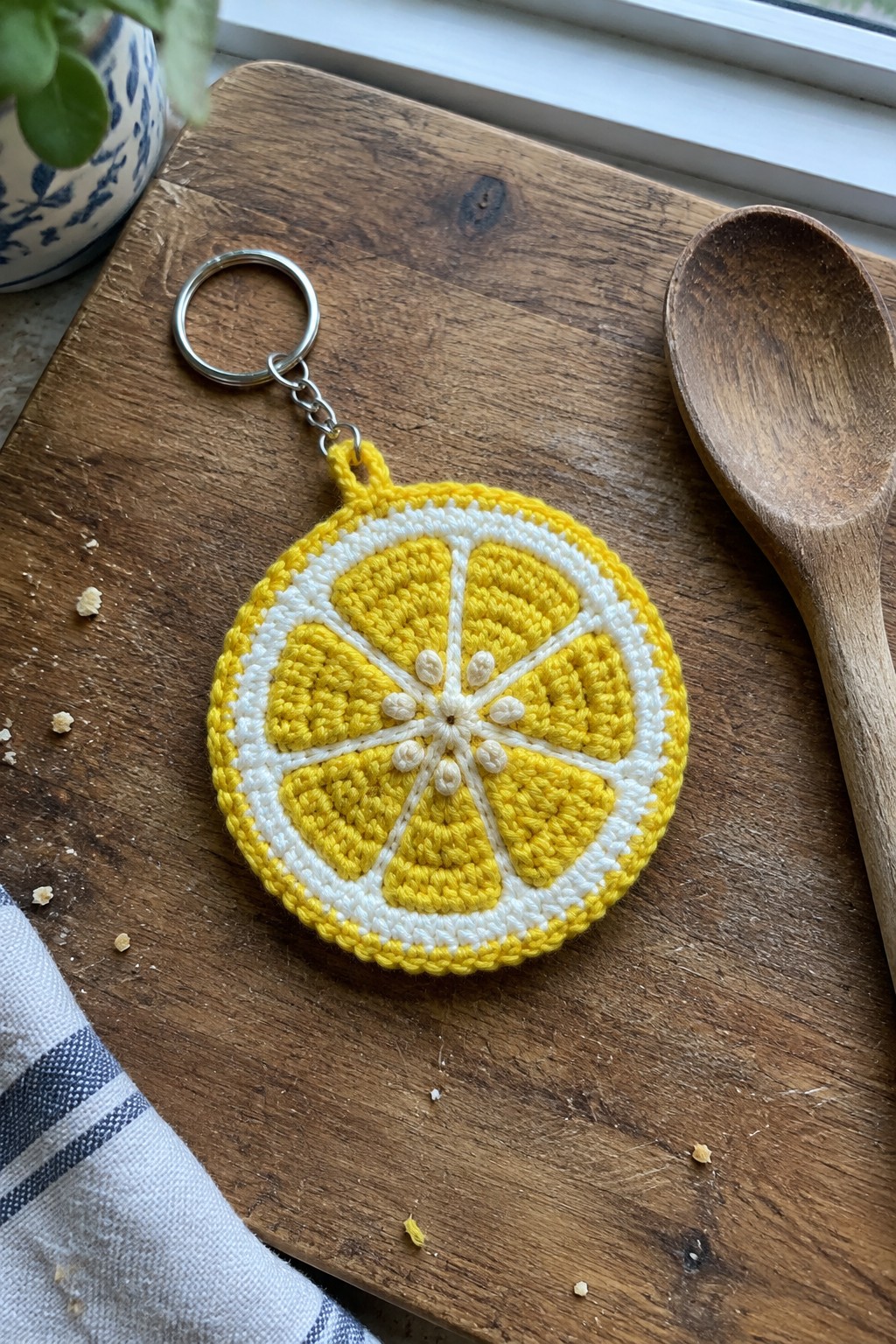 Crocheted yellow lemon slice keychain on wooden cutting board beside spoon