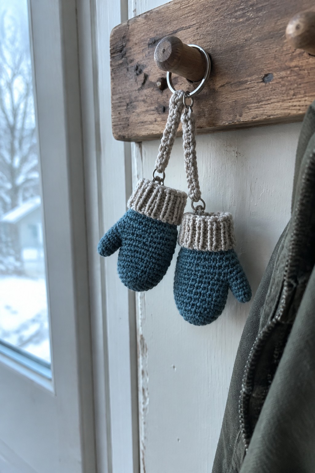 Two blue knitted mittens with beige cuffs hanging from a wooden peg by a window.