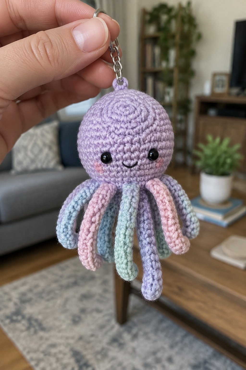Hand holding purple crocheted octopus keychain with pastel tentacles and smiling face