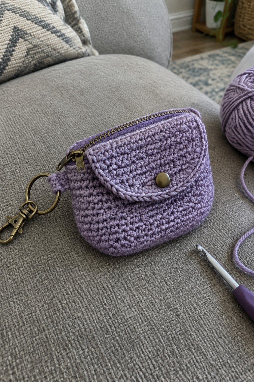 Purple crocheted zippered pouch with keychain on gray couch beside yarn and hook