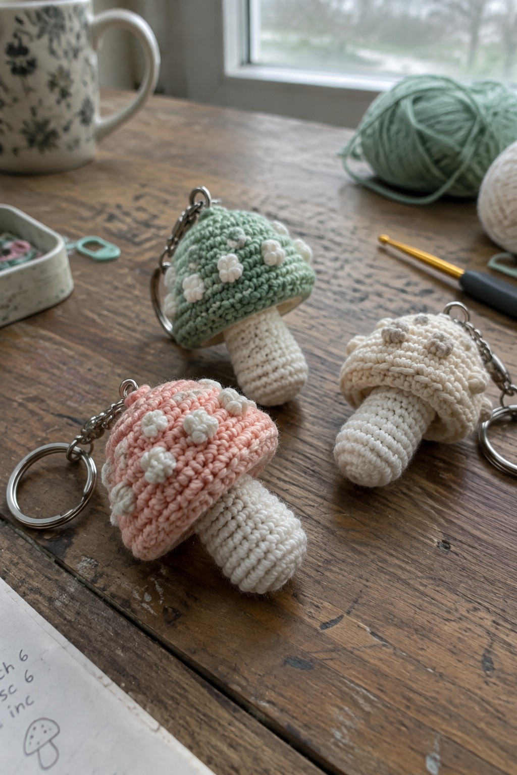 Three crocheted mushroom keychains in pink, green, and beige on wooden table