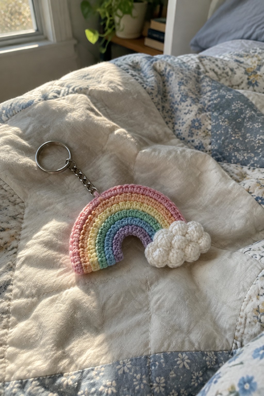 Crocheted pastel rainbow keychain with white cloud on floral quilt