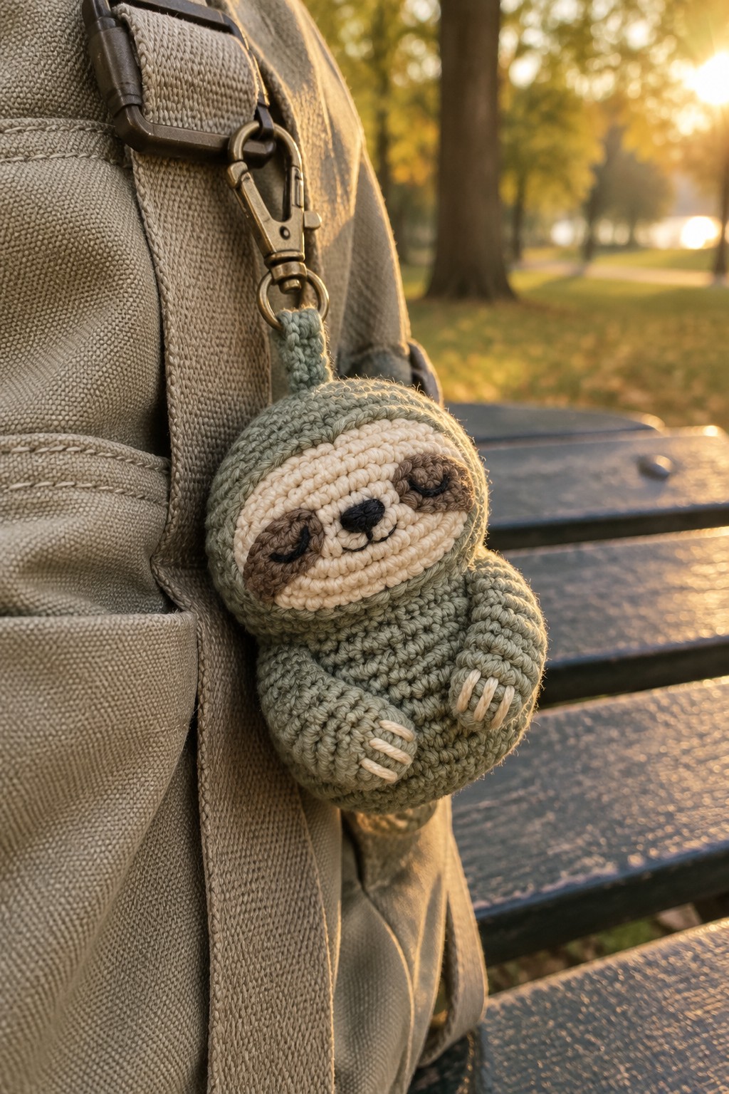 Crocheted sloth keychain clipped to gray backpack strap near park bench.