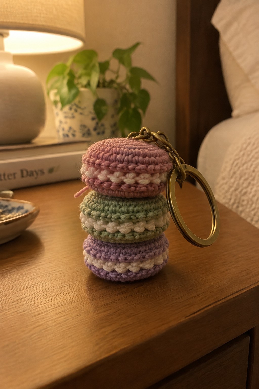 Stacked pastel crocheted macaron keychain with gold ring on wooden nightstand