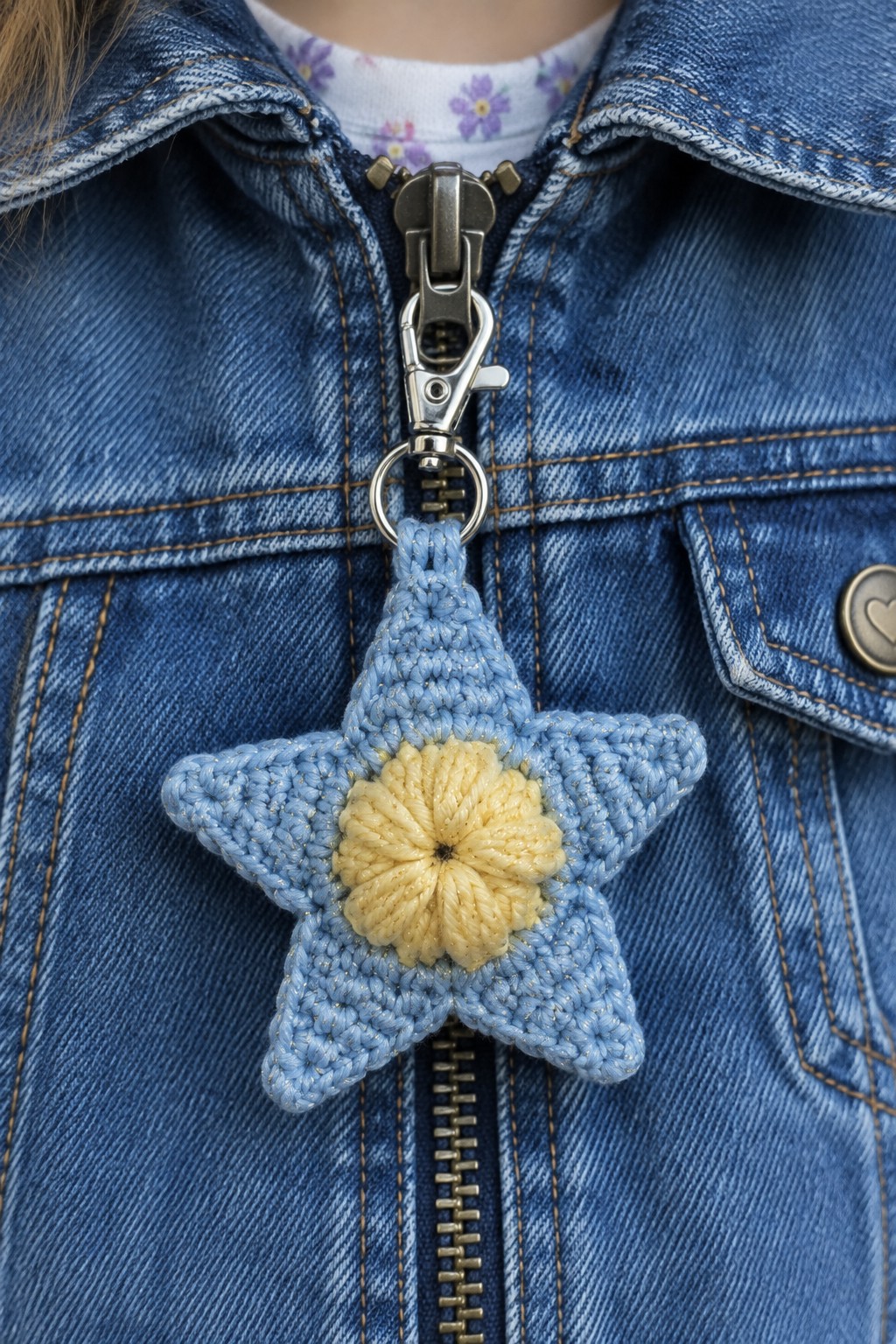 Denim jacket zipper with light blue crocheted star charm and yellow center.