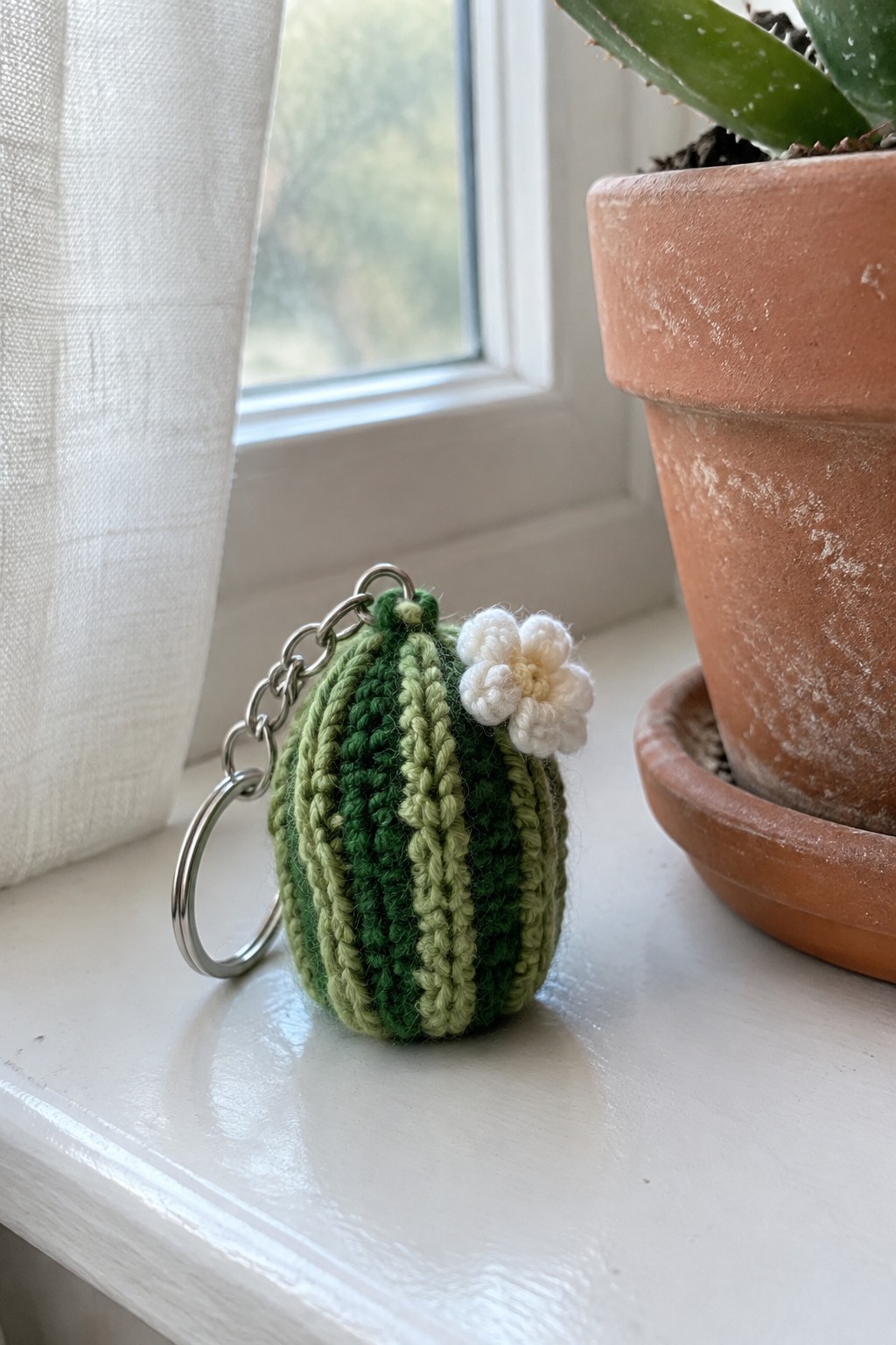 Green crocheted cactus keychain with white flower on windowsill beside potted plant
