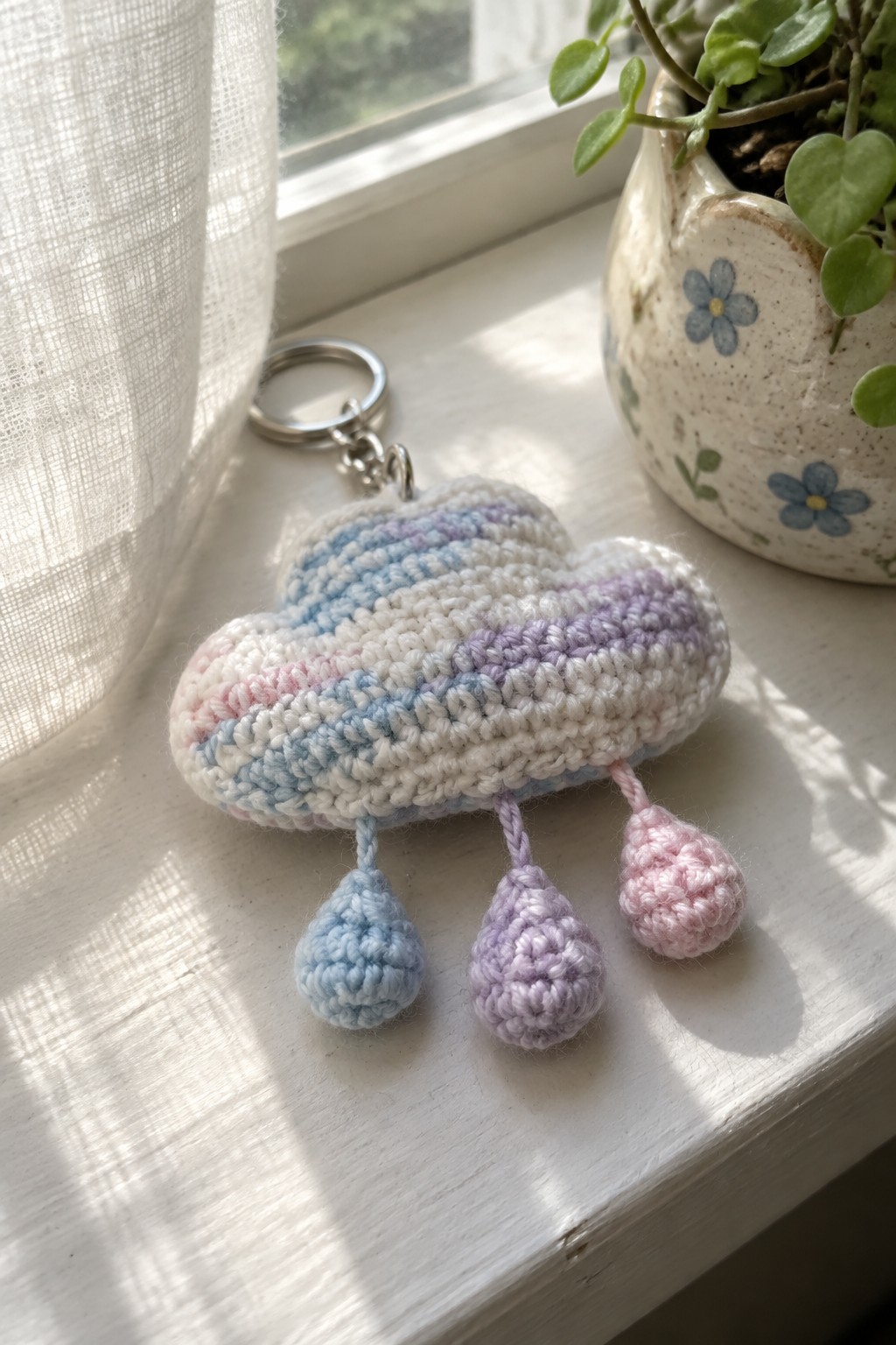 Pastel striped crochet cloud keychain with dangling raindrops on sunny windowsill