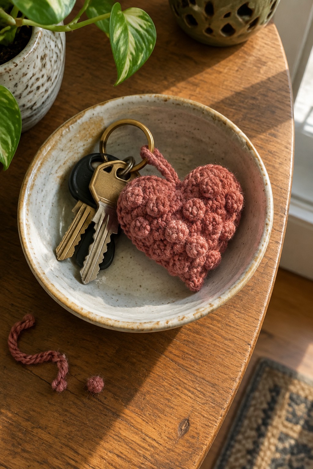 Pink crocheted heart keychain with keys in speckled ceramic bowl on wood table