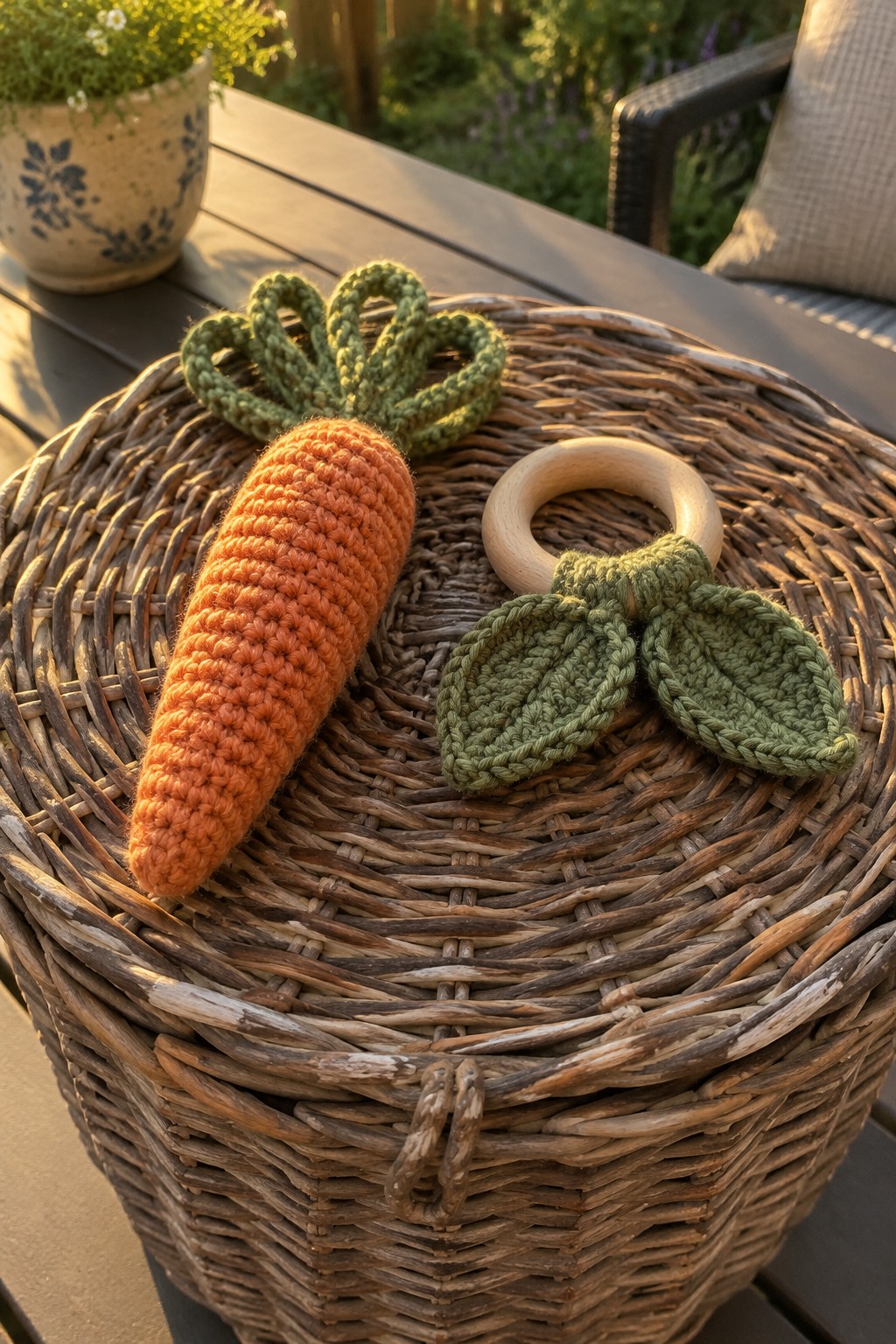 Orange crocheted carrot with green leaves beside leafy wooden ring on wicker basket.