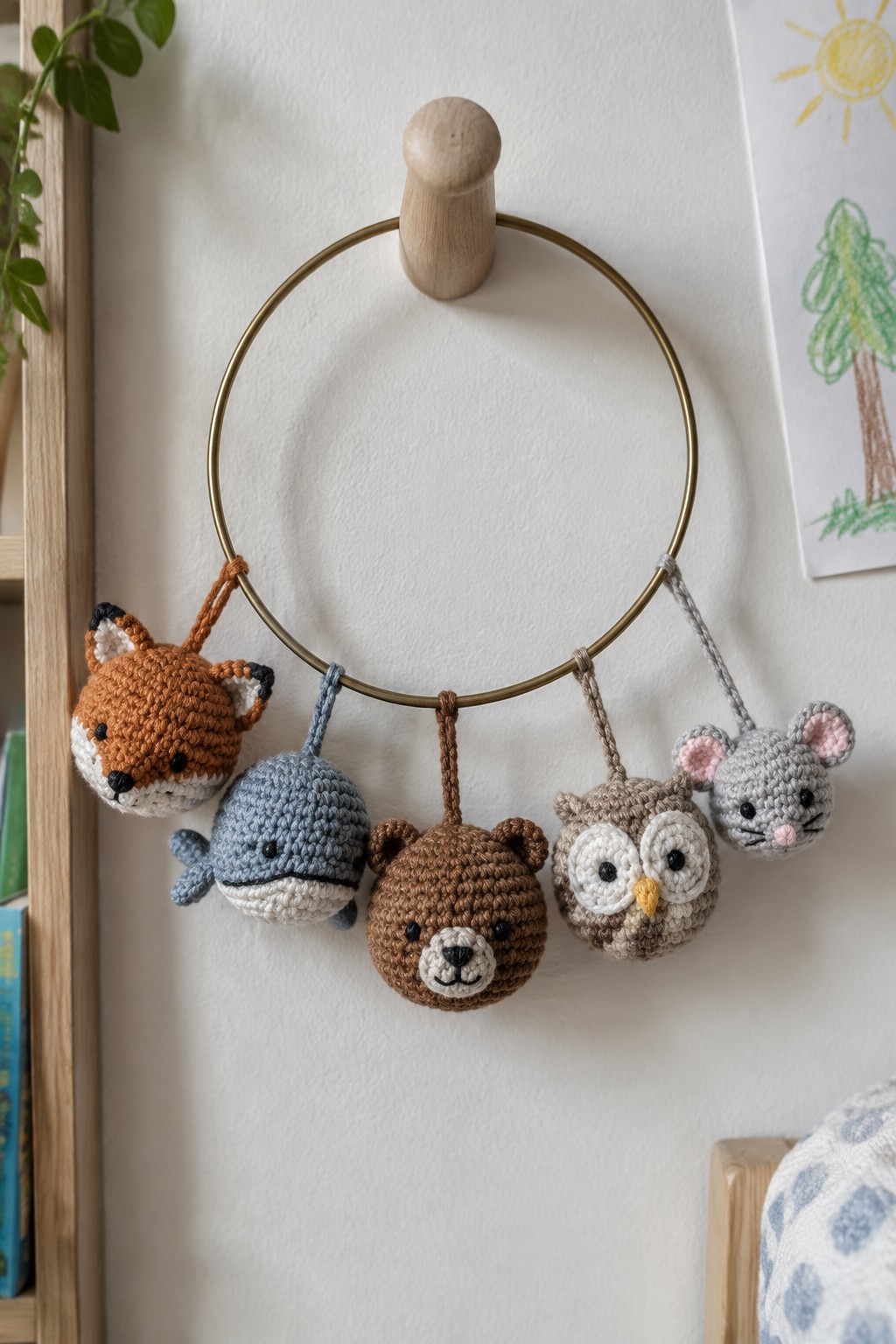 Crocheted fox, whale, bear, owl, and mouse dangling from a brass ring.