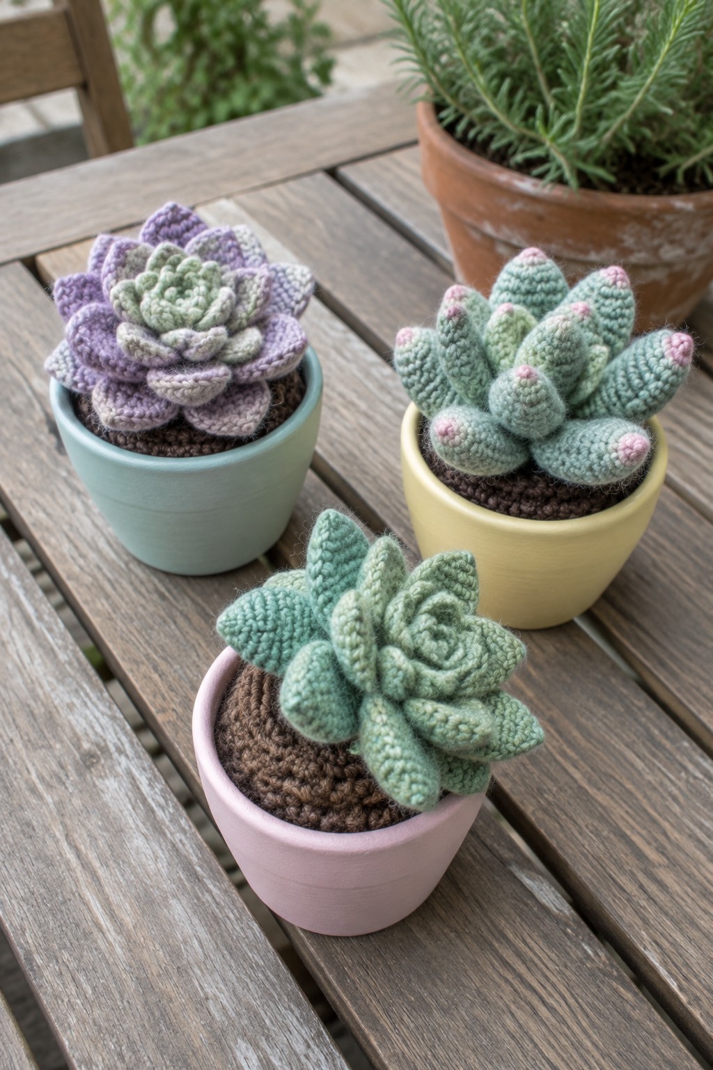Three crocheted succulents in pastel pots on a wooden table outdoors.