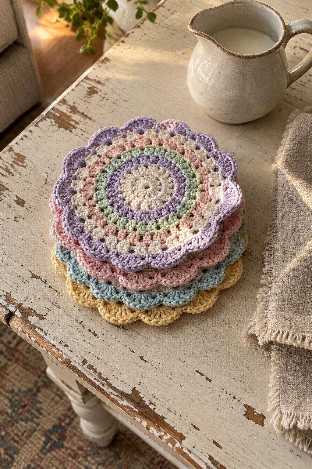 Pastel crocheted coasters stacked beside a ceramic milk pitcher on a rustic wooden table