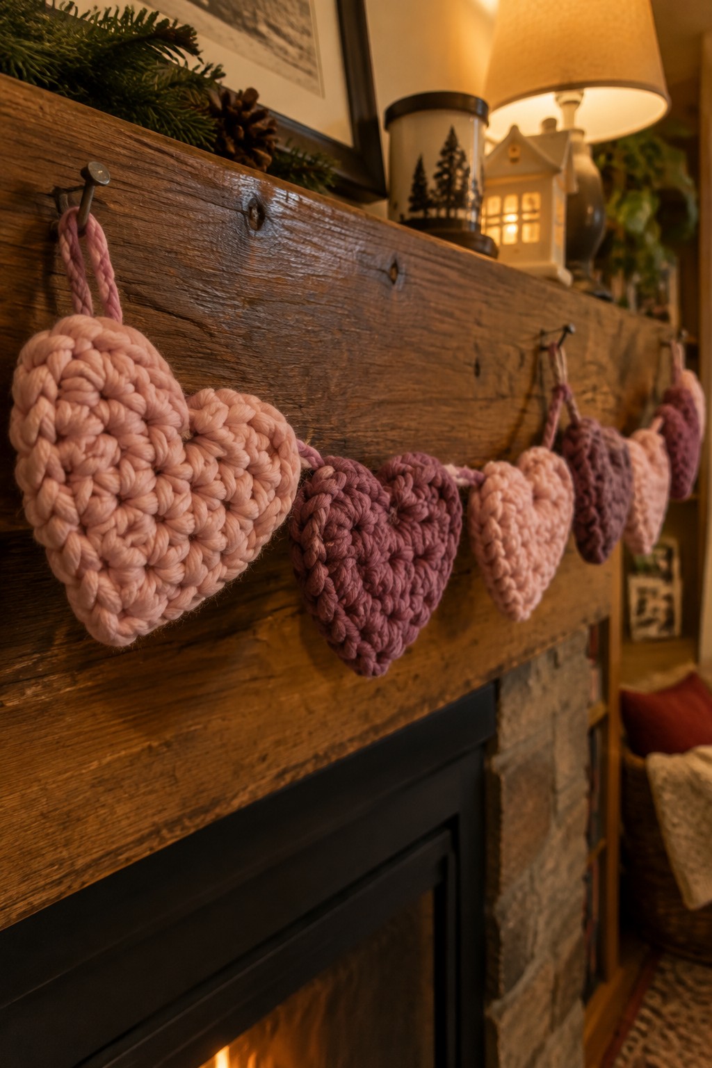 Crocheted pink and purple hearts garland on rustic wooden fireplace mantel.