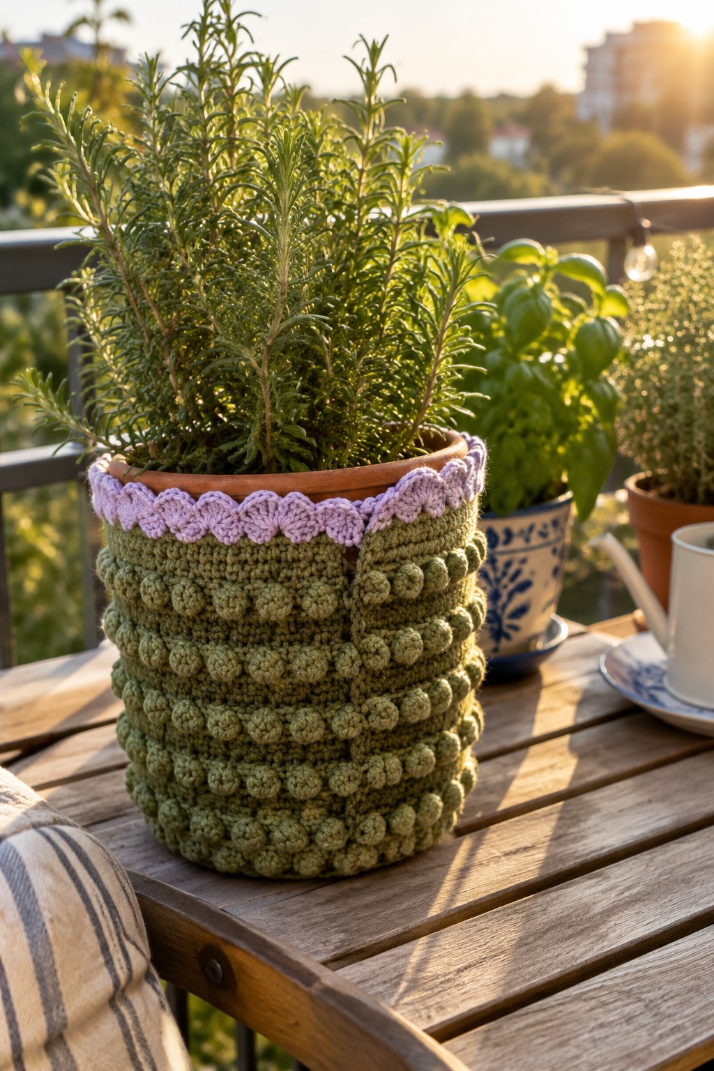 Rosemary plant in green crocheted cozy with purple trim on wooden balcony table