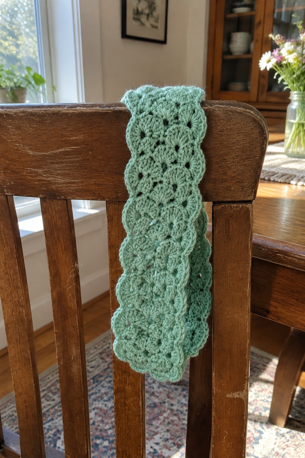 Mint green crocheted lace scarf draped over wooden chair back
