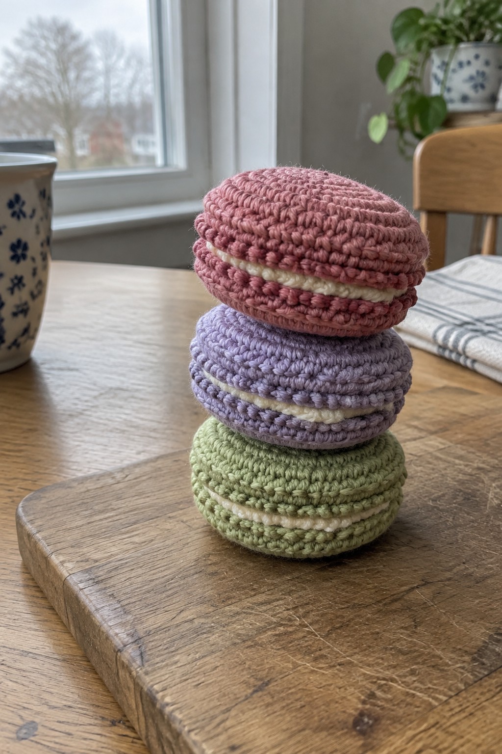 Stacked crocheted macarons in pink, purple, and green on wooden board
