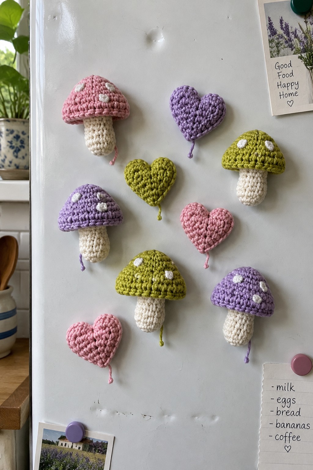 Pastel crocheted mushrooms and hearts as magnets on white refrigerator
