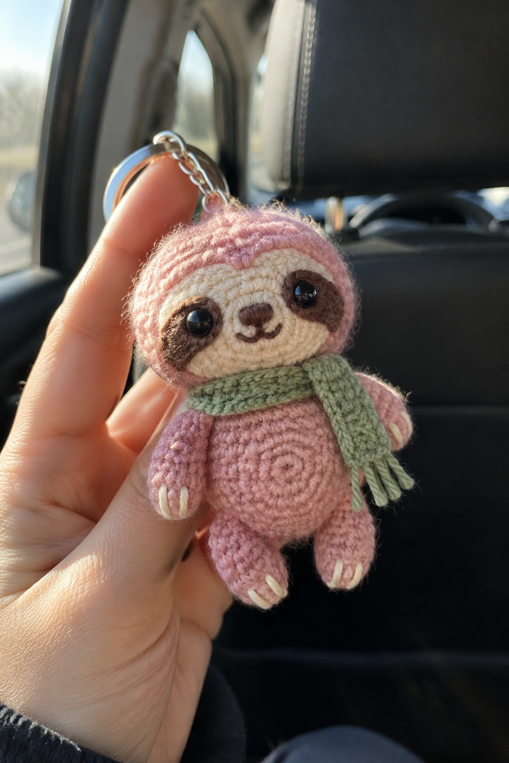 Hand holding pink crocheted sloth keychain with green scarf in car