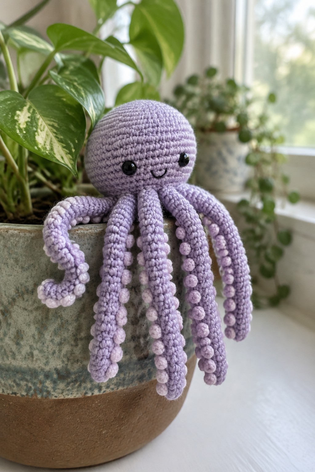 Lavender crocheted octopus toy in a speckled ceramic pot amid houseplants