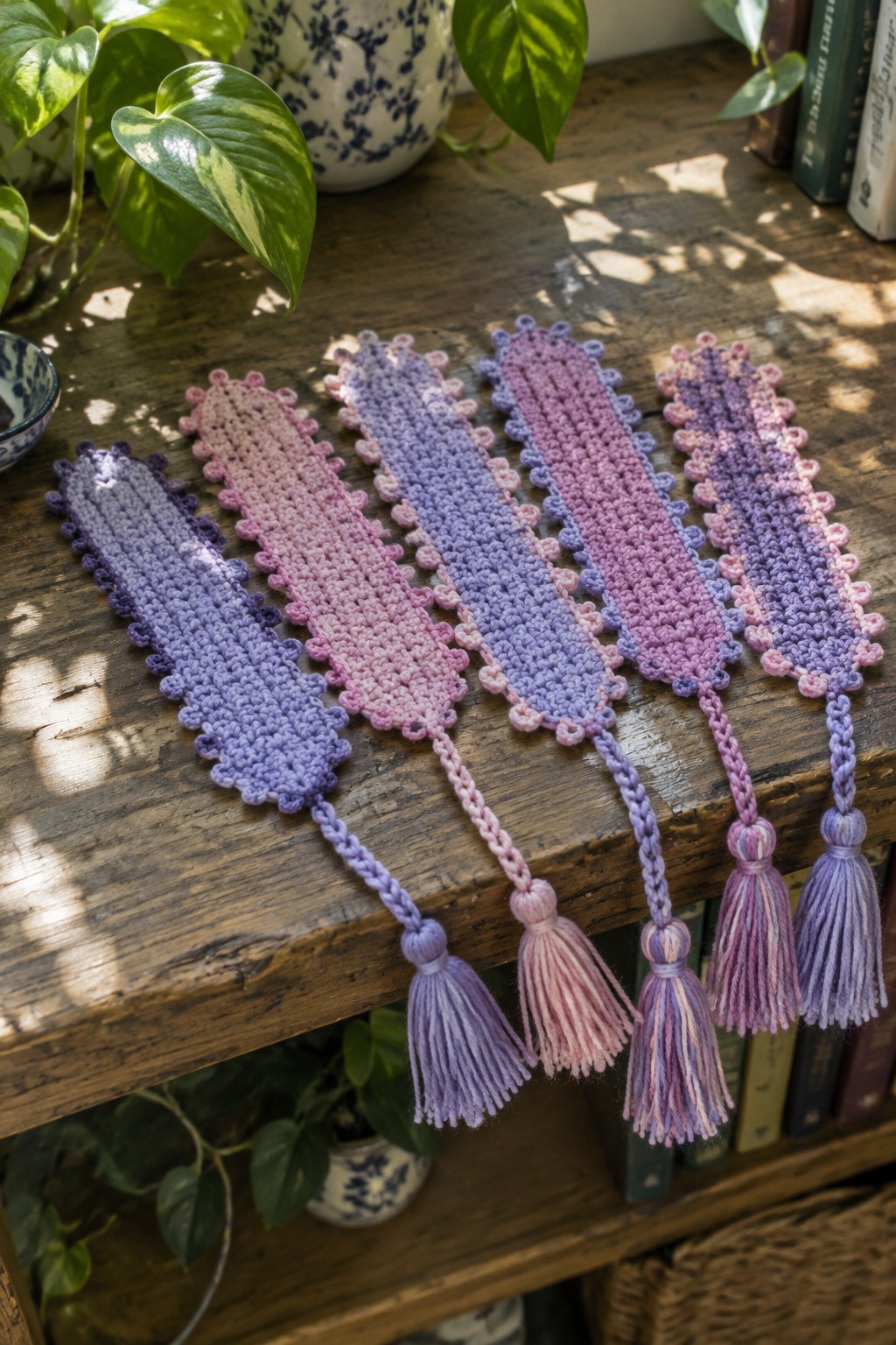 Five ombre purple-pink crocheted bookmarks with tassels on wooden table