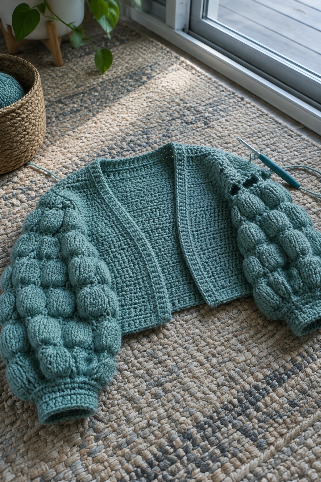 Sage green crocheted cardigan with bobble sleeves on woven rug beside hook