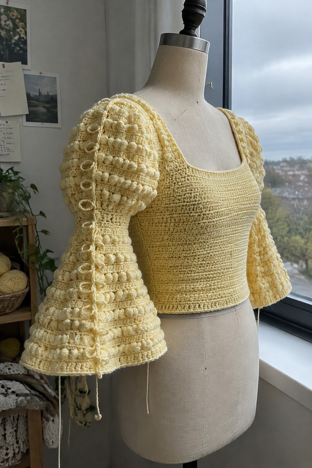 Yellow crocheted crop top with puffy bobble sleeves on a mannequin