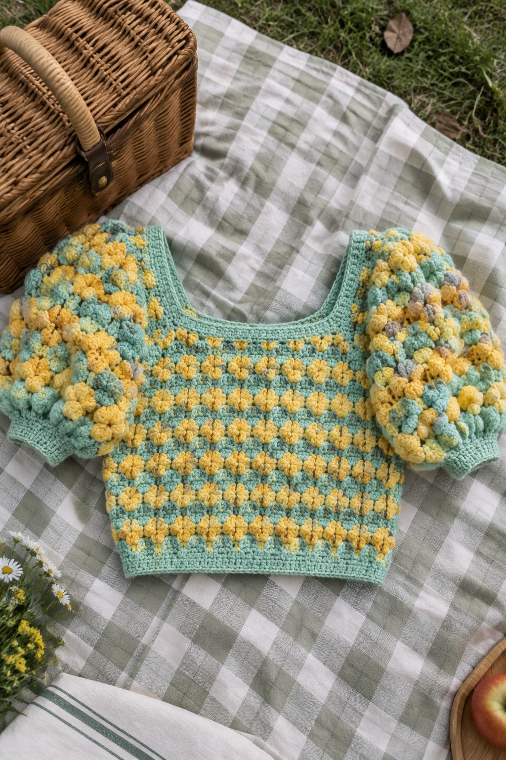 Crocheted mint green crop top with yellow puff sleeves on checkered picnic blanket