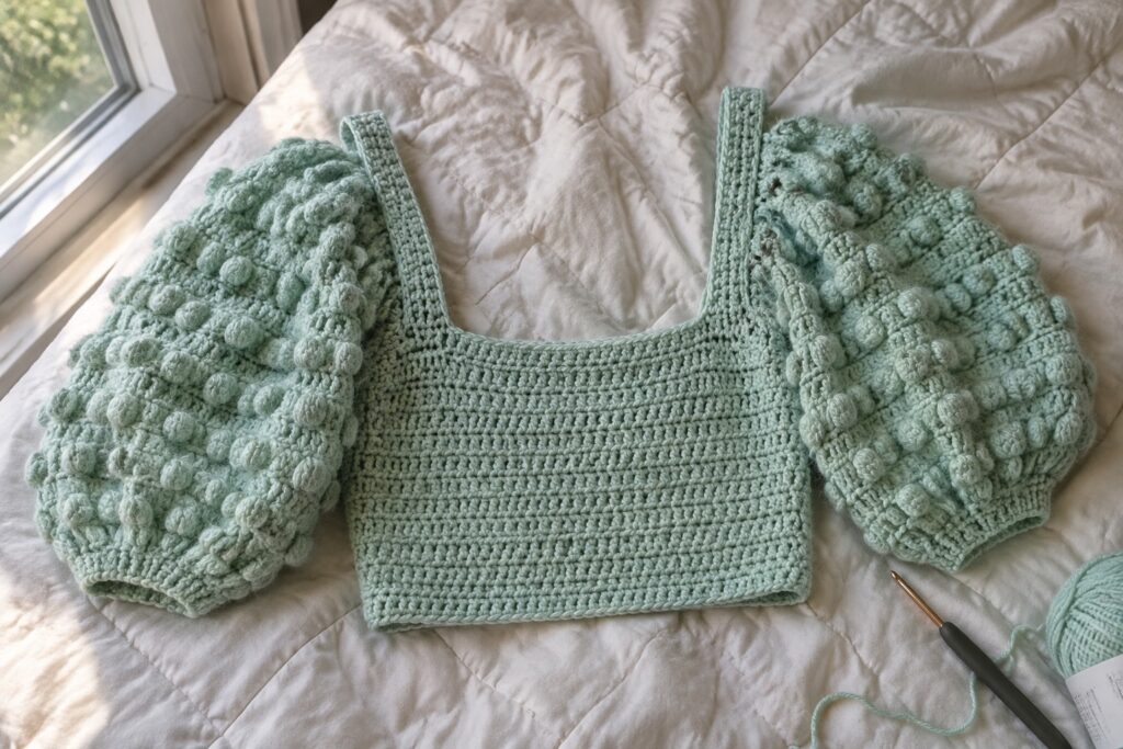 24 Crochet Tops Featuring Dramatic Puff Sleeves Light mint green crocheted crop top with large bobble-textured puff sleeves laid flat on a white quilt beside matching yarn and a crochet hook.
