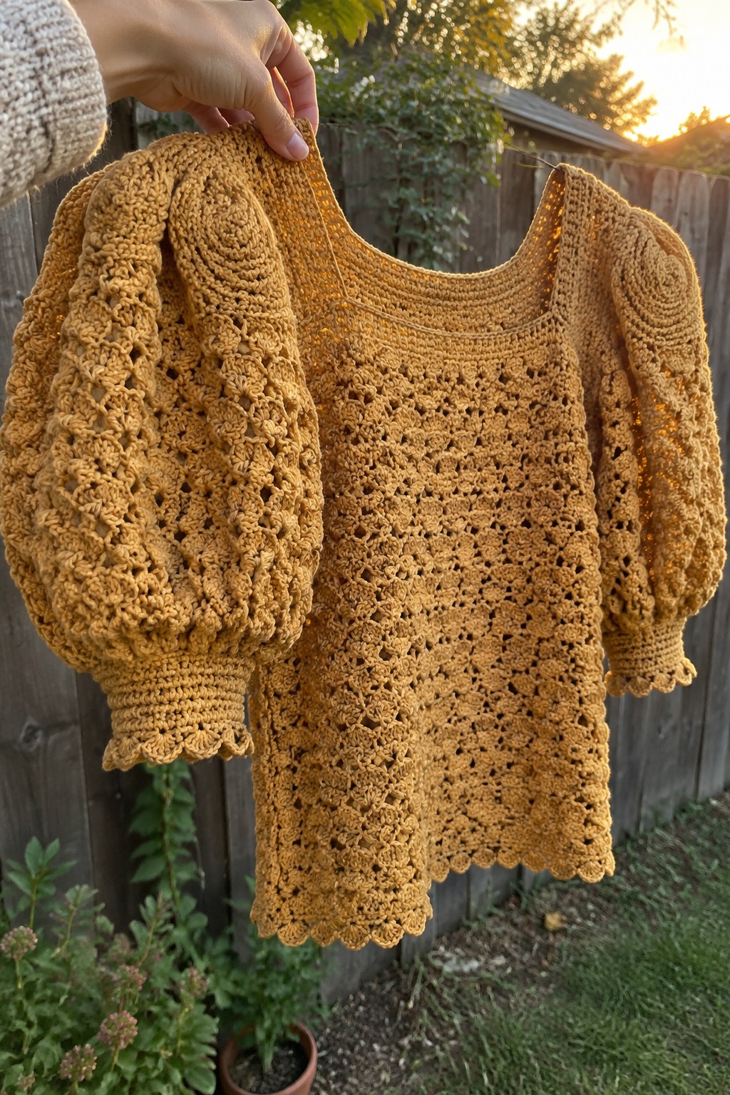 A mustard yellow crocheted top with large puff sleeves held outdoors at sunset.