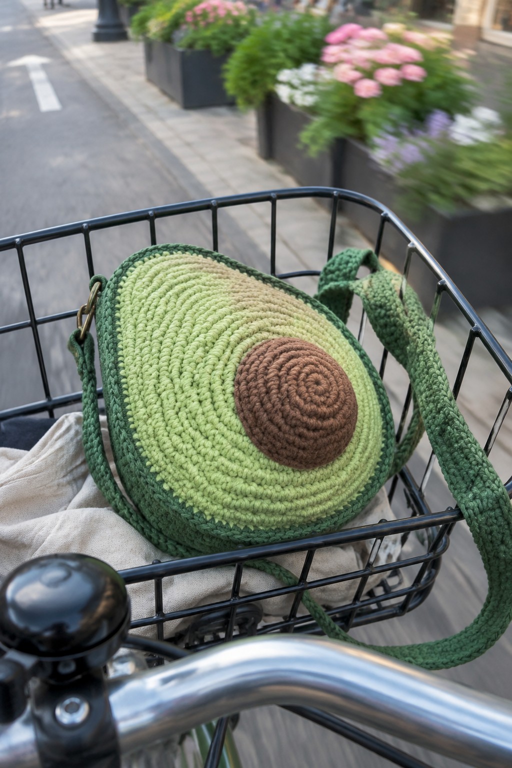 Crocheted avocado-shaped green bag with brown pit in black bicycle basket on street