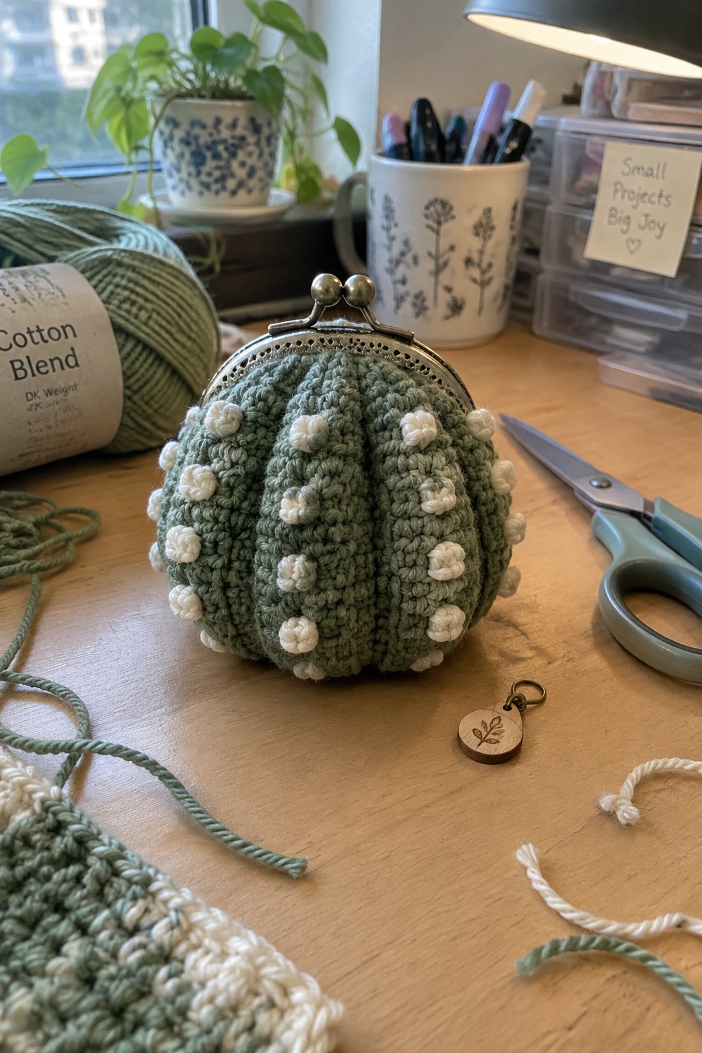 Green crocheted coin purse with white bobbles on wooden craft table with yarn and scissors
