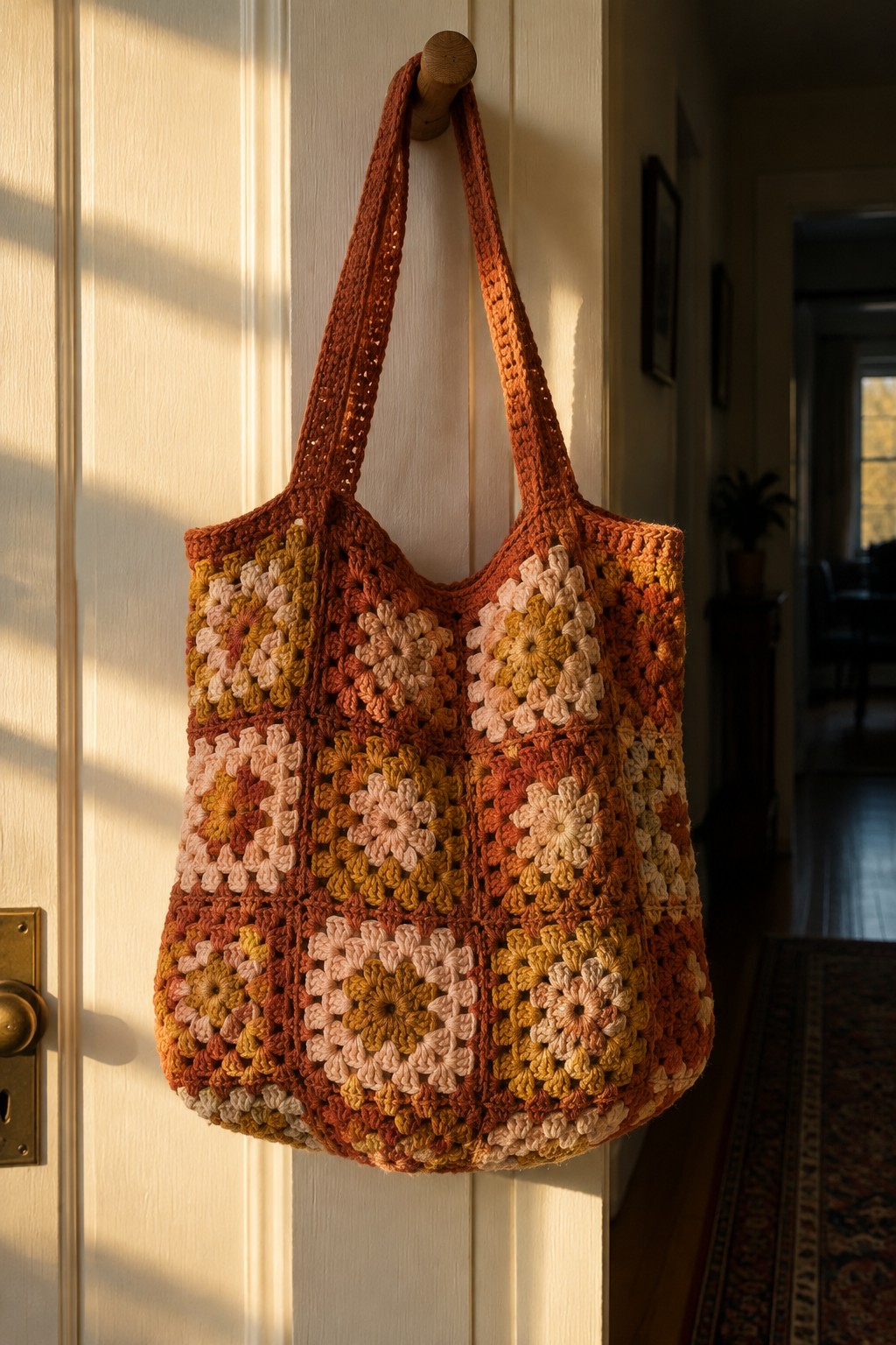 Multicolored crocheted granny square tote bag hanging on wooden hook on white door