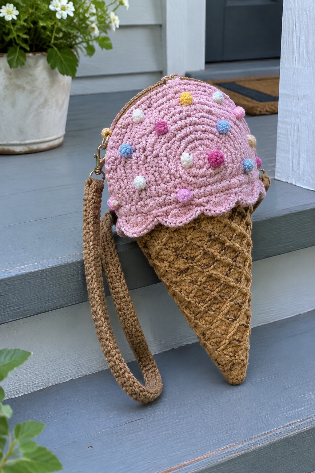 Crocheted pink ice cream cone purse with colorful sprinkles on gray steps
