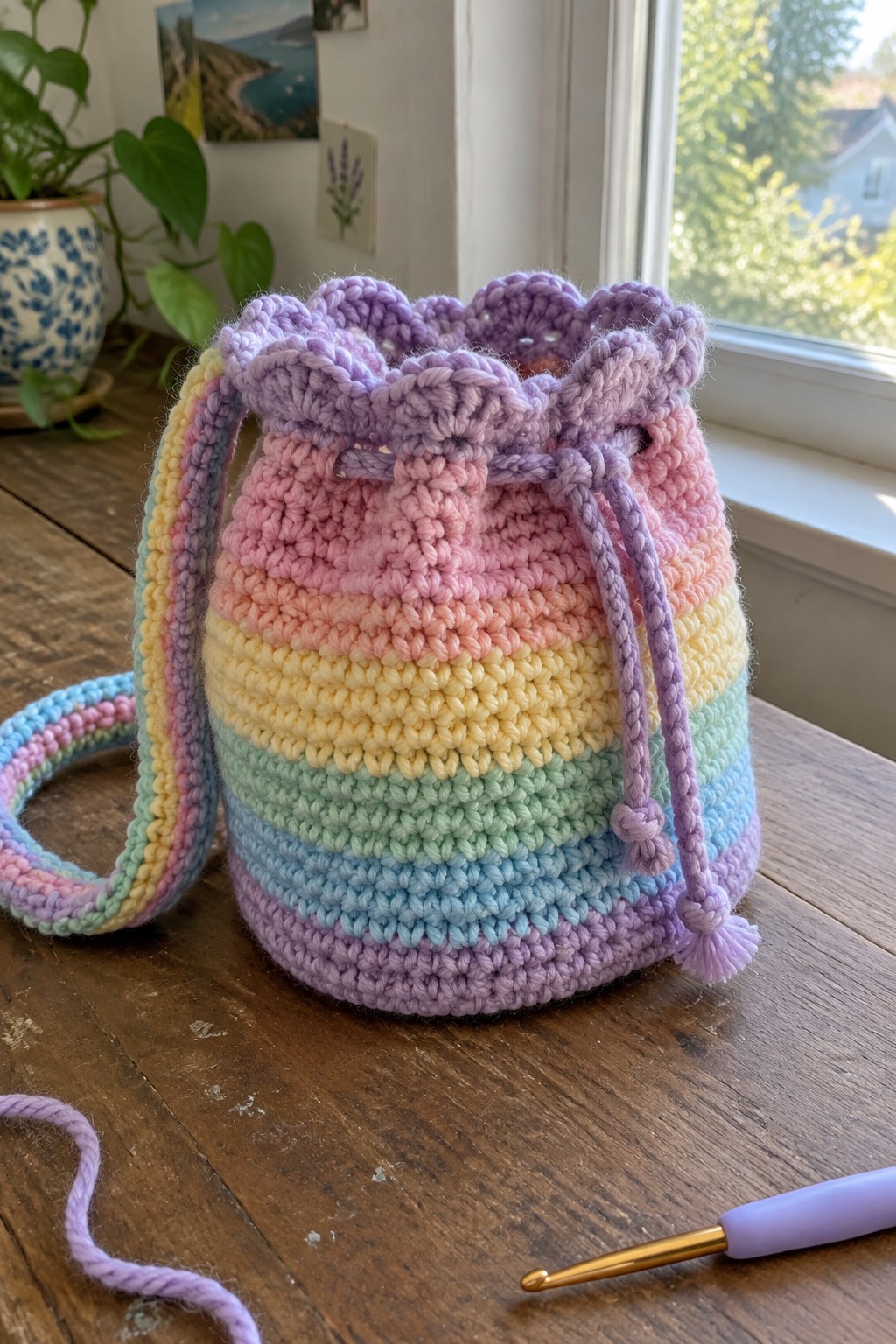 Pastel rainbow crocheted drawstring bag with tassels beside purple hook on wood
