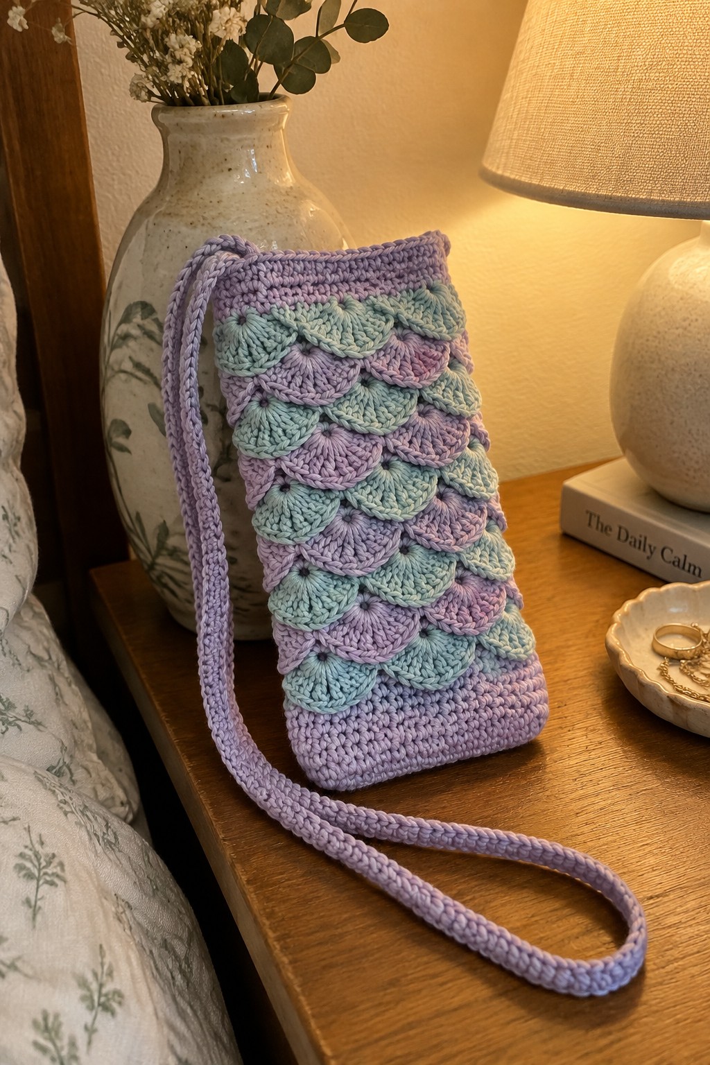 Pastel crocheted scale-pattern bag with long strap on wooden table beside vase.