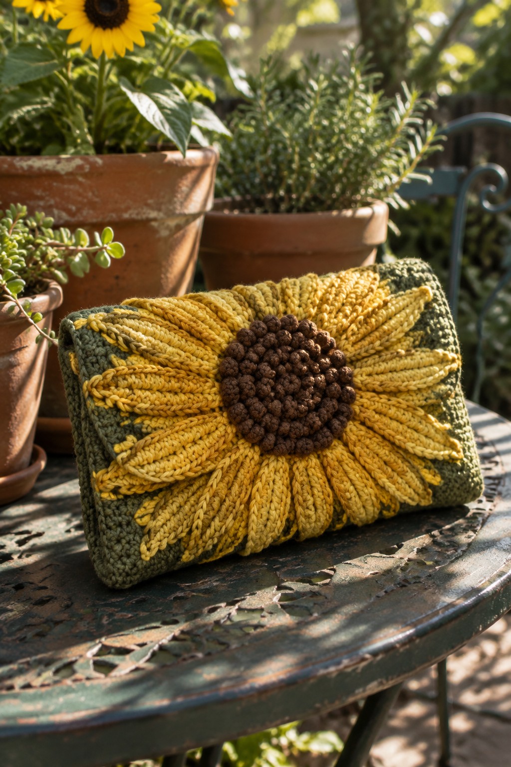 Crocheted sunflower clutch purse in yellow and brown on rusty metal table