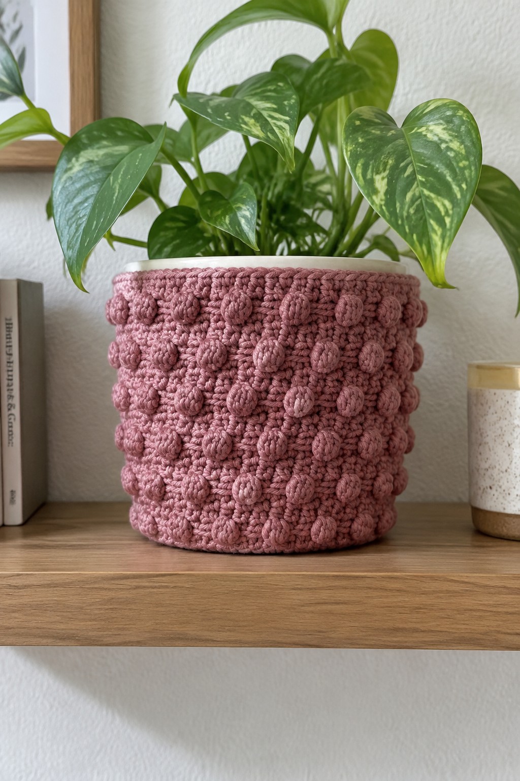 Pink crocheted bobble pot holding a variegated green houseplant on wooden shelf