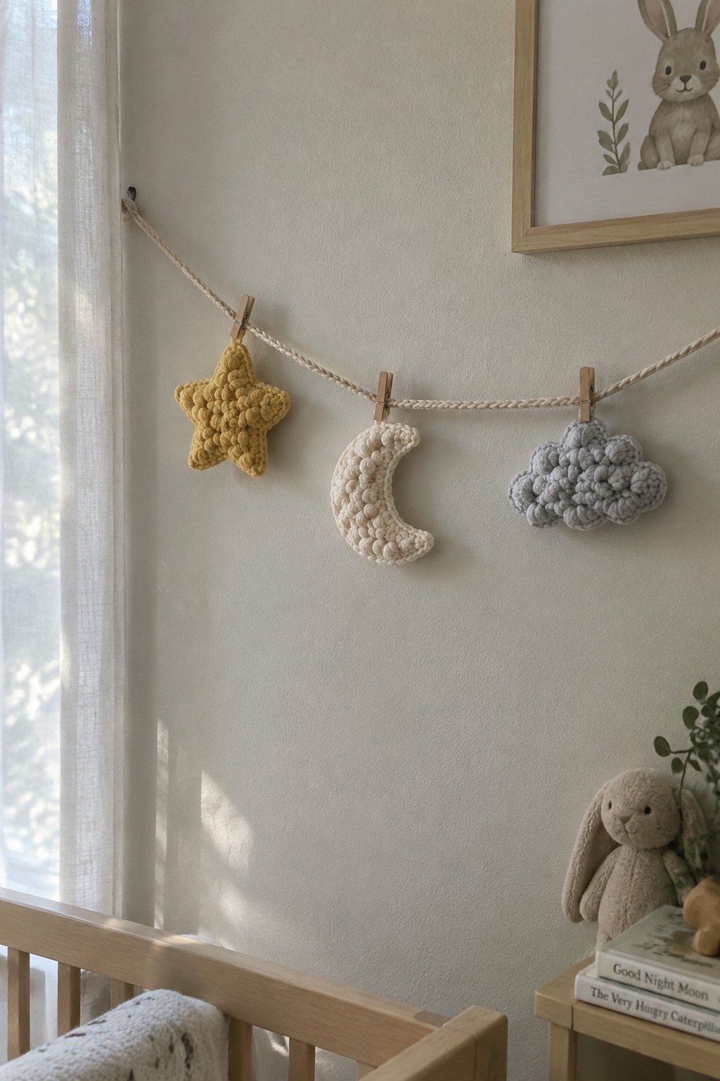 Three crocheted shapes—a yellow star, a white crescent moon, and a gray cloud—hang from a white rope with wooden clothespins on a nursery wall.