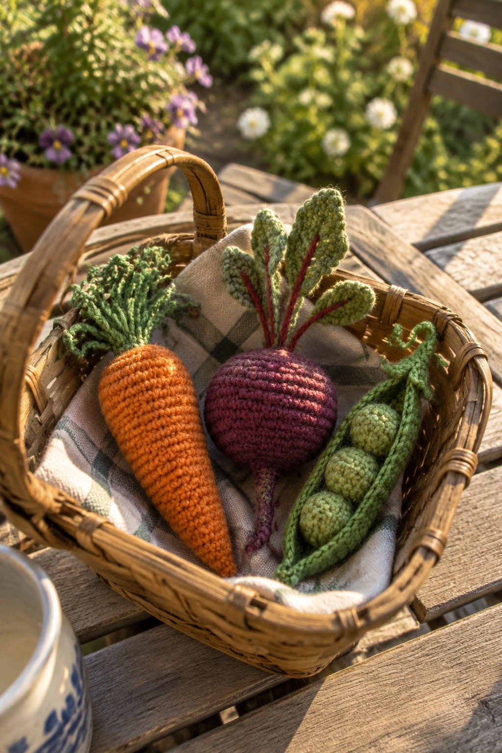 Wicker basket with crocheted carrot, beet, and peas on wooden garden table