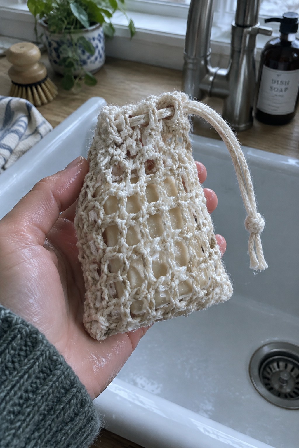 Hand in green sleeve holding soap in cream crocheted mesh bag over white sink