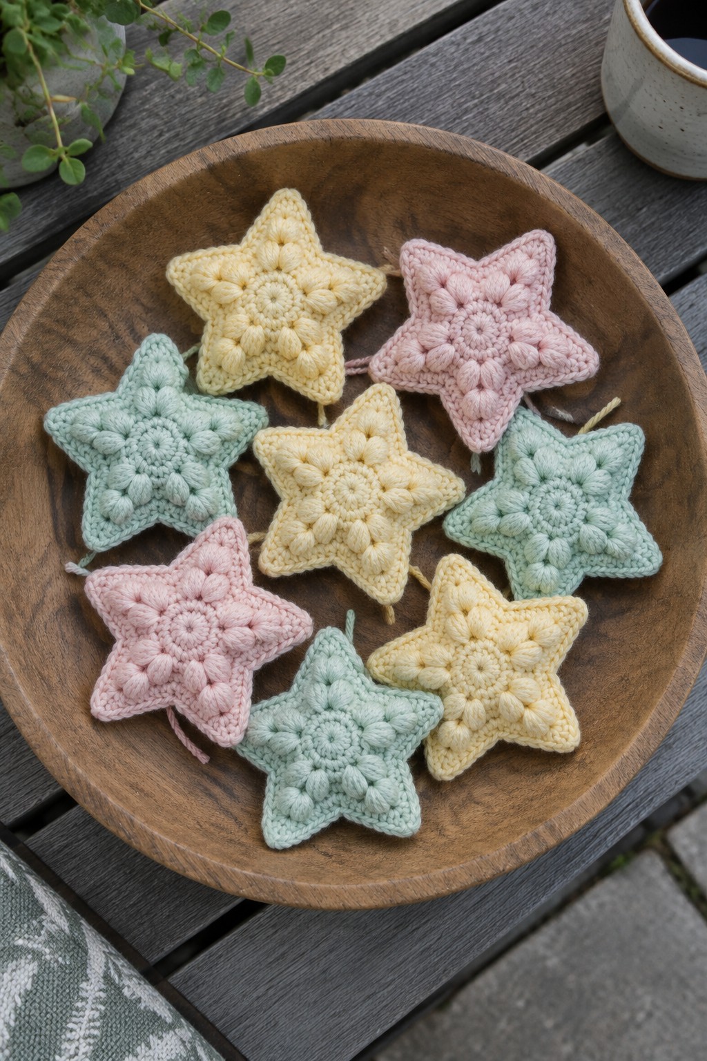 Pastel crocheted star ornaments in yellow, pink, and mint inside wooden bowl