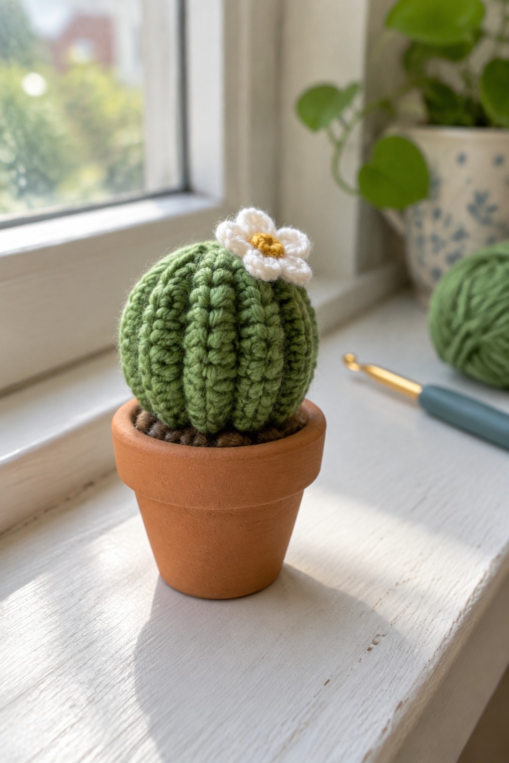 A small green crocheted cactus with a white flower sits in a terracotta pot on a white windowsill.