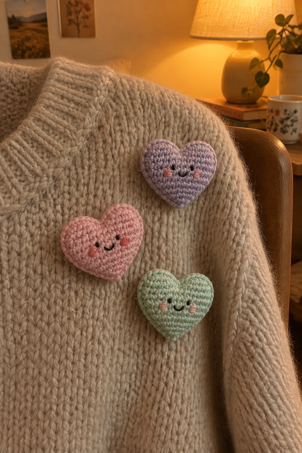 Three colorful crocheted heart pins with faces on a beige knit sweater