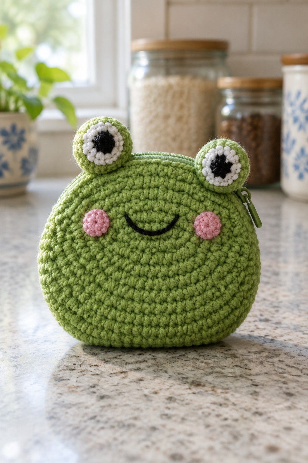 Green crocheted frog pouch with large eyes, pink cheeks, and zipper on counter