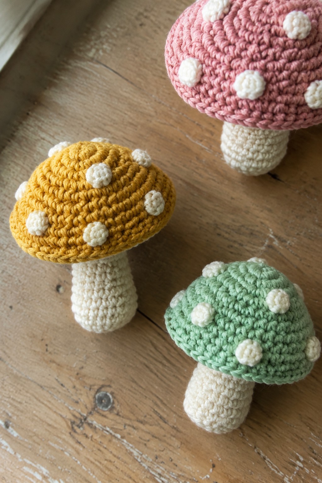 Three crocheted mushrooms in yellow, green, and pink on wooden surface.