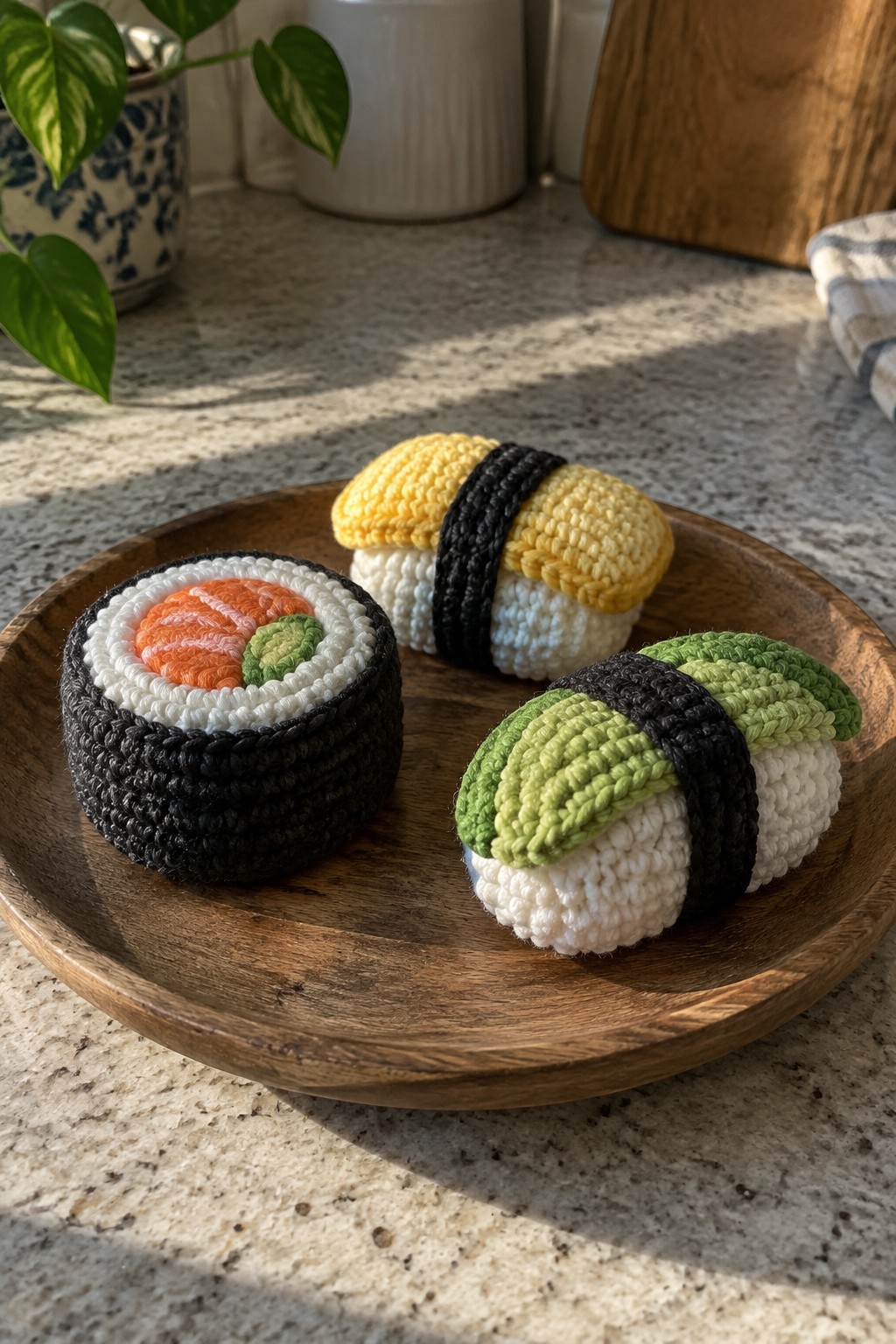 Three crocheted sushi pieces on a round wooden kitchen tray.