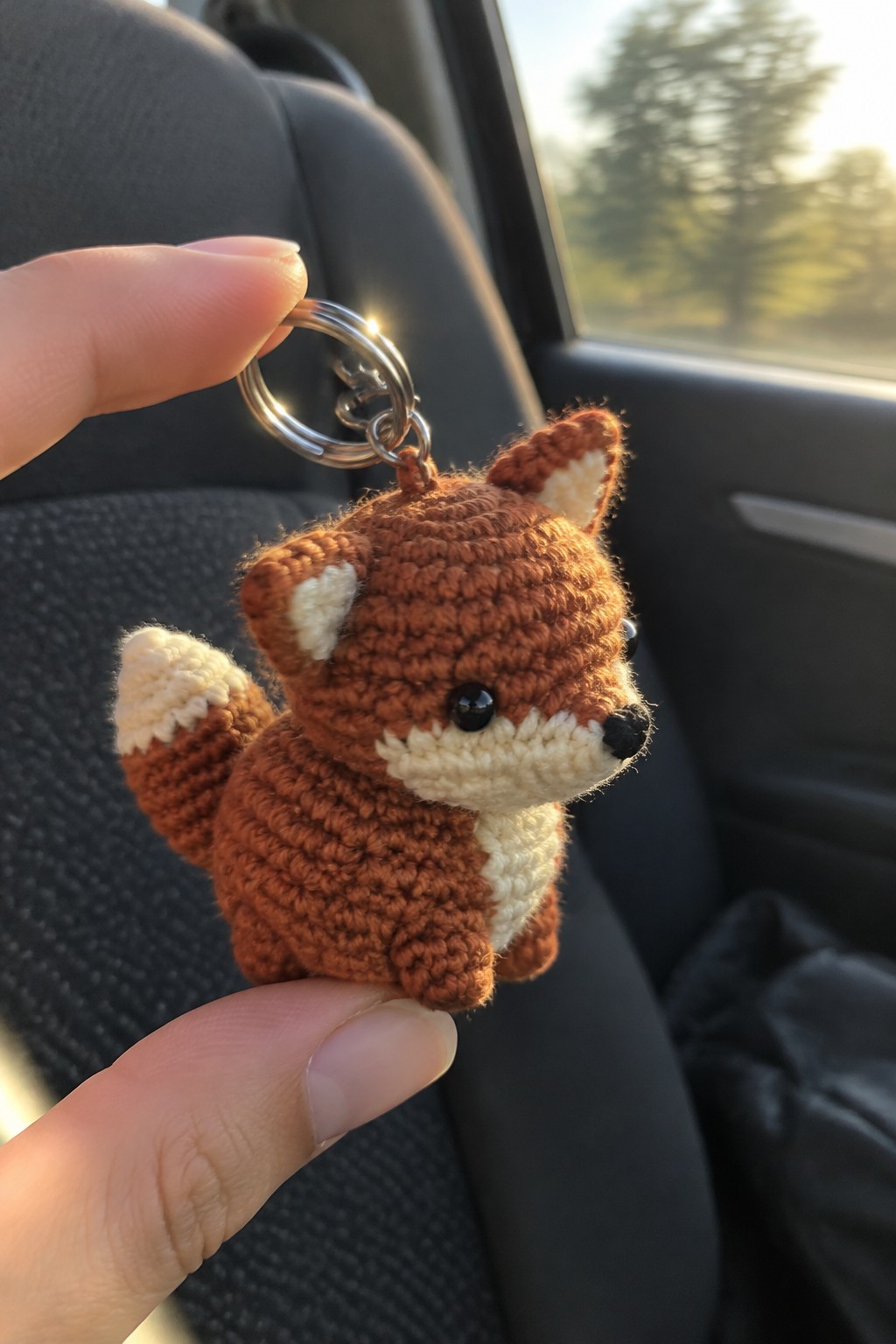 Hand holding crocheted brown fox keychain with white muzzle and tail in car