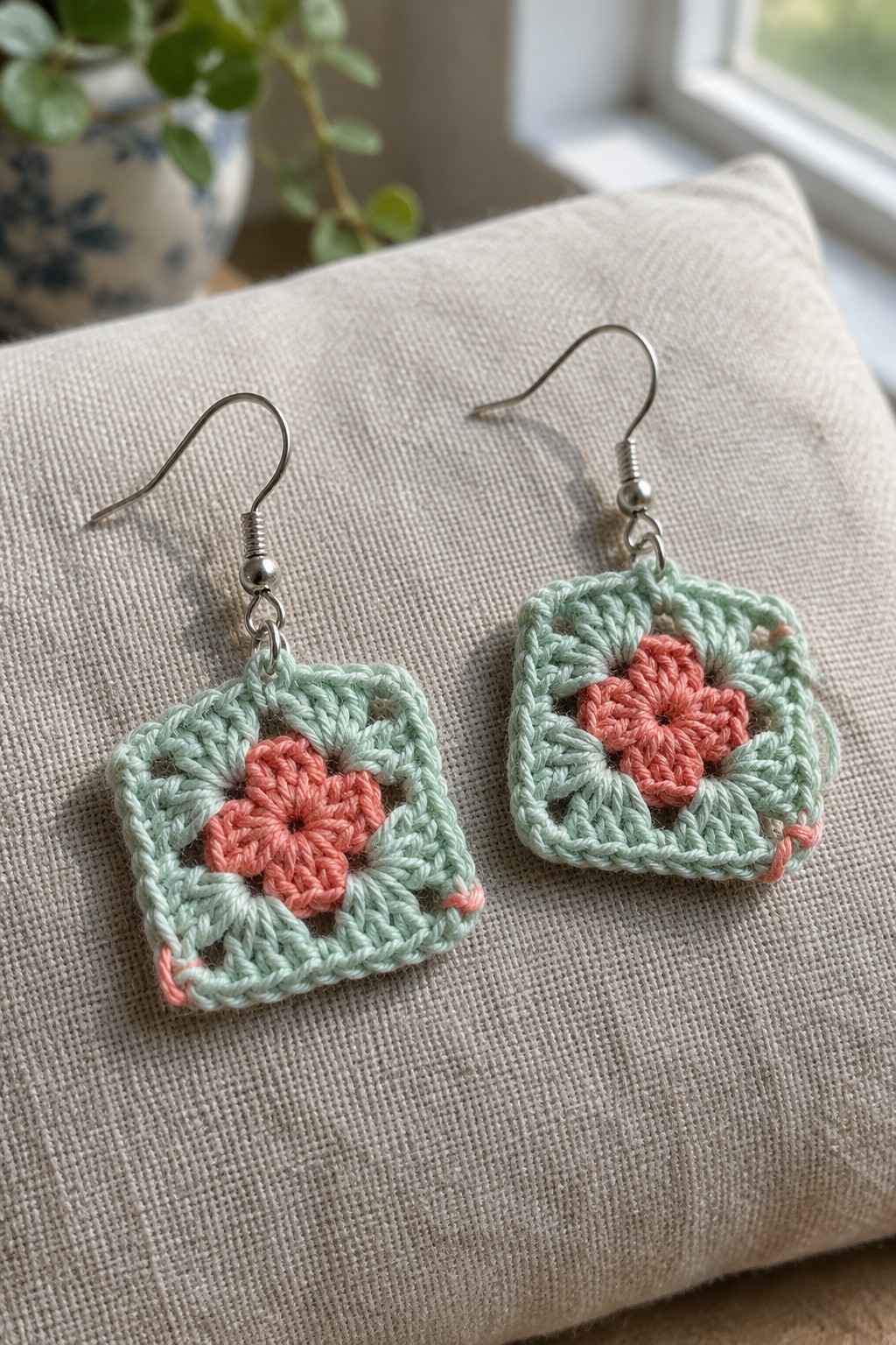 Pair of mint green and coral crocheted granny square earrings on beige fabric
