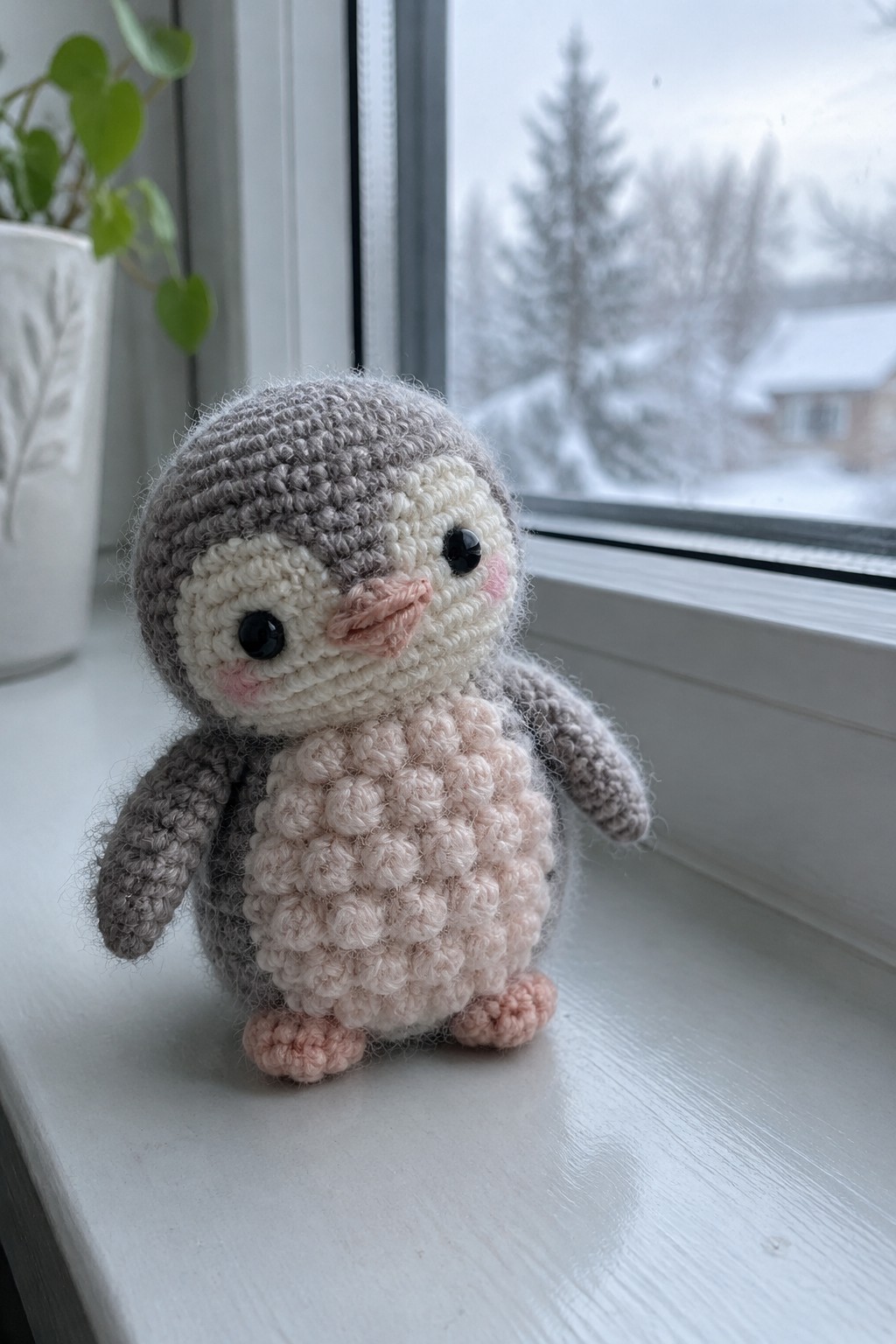 Crocheted gray penguin toy with pink belly on snowy windowsill